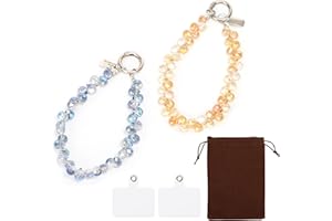 DOINEUFL 2er-Pack Handykette Perlen Kurz - Funkelnd Handy Kette Handgelenk mit Haltelasche, Universal bunt Handy Armband Blau und Gold, Handgelenk-Griffband für Frauen Mit Schnalle