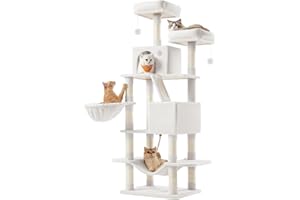 Feandrea Large Scraper Post 168cm High L Cat Tree with 13 Scraper Posts, 2 Platforms, 2 Caves, Basket, Hammock, Plush Balls, Multi-Layer Cat Scraper Post, Cream PCT165T01