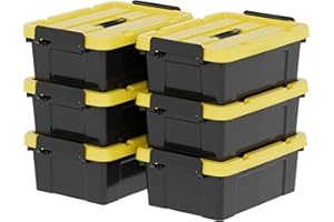 Cetomo Lot de 6 boîtes de rangement en plastique avec couvercles, poignée et boucles de verrouillage pour outils, jardin, garage, maison, durable, robuste, empilable, gigogne, noir et jaune, 15 l