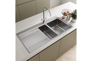 SÄUBER® 1000 x 520mm Stainless Steel Kitchen Sink One and Half 1.5 Bowl Inset Drop in Installation, Reversible Drainer, 18/8 Grade Steel Sinks, Free Basket Strainer Waste