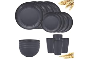 FENGZIZH 16 Pieces Plastic Dinnerware Set, Unbreakable Plates and Bowls Set - Microwave & Dishwasher Safe, Reusable Tableware for Camping, Picnics, and Everyday Use (Dark Grey)