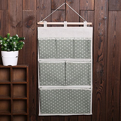 Highdas White Polka Dots Cotton Fabric Wall Door Cloth Hanging Storage Bag Case 6 Pocket Hanging bag Space Saver Gift Green