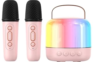 MUMUWIND Karaoke per bambini con 2 microfoni, mini karaoke con microfono portatile, microfono karaoke altoparlante Bluetooth a luce LED con effetti di cambio voce, per regalo di festa di compleanno (Pink)