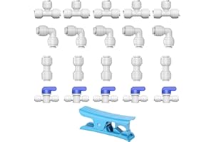 UCLEVER 21 Pcs Drip Irrigation Barbed Connectors Tee Fitting 1/4" OD Quick Connect Push in to Connect for Garden Irrigation System Water Tube (Ball Valve+T+I+L Type Combo+Cutter)