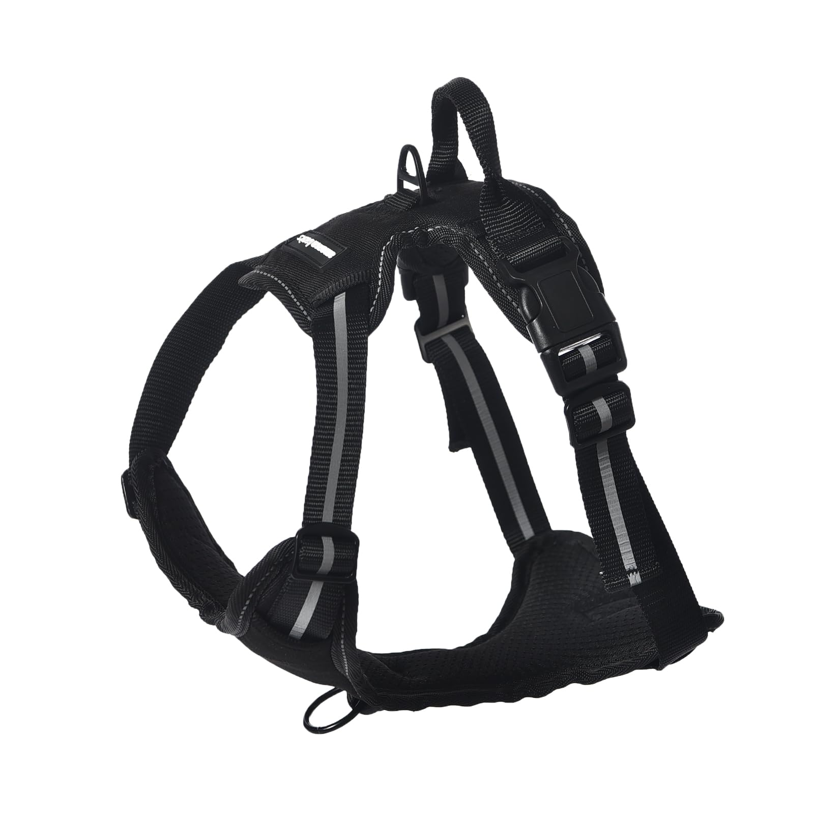 Amazon Basics Arnés para perro con diseño sin tirones, ajustable, suave, acolchado, chaleco, con tiras reflectantes, negro, pequeño