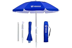 AMMSUN 6.5ft Twice Folded Portable Beach Umbrella with Sand Anchor Windproof,Push Button Tilt and Air Vent UV 50+ Protection Fits in a Large Suitcase for Patio Garden Beach Pool Backyard Blue
