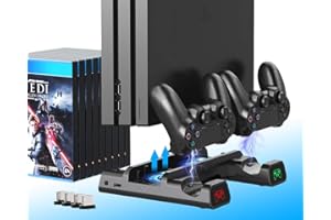 ElecGear PS4 Vertikaler Stand, Kühlventilator, Dual Ladegerät, Ladestation, Controller, Ladegerät, 10 x Spiele Speicher für Controller DualShock 4 und PS4, PS4 Pro, PS4 Slim