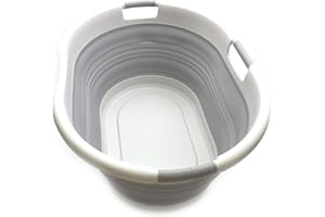 SAMMART 57L Collapsible 3-Handled Plastic Laundry Basket - Oval Tub/Basket - Foldable Storage Container/Organizer - Portable Washing Tub - Space Saving Laundry Hamper (Grey)