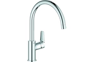 GROHE Start Edge – jednouchwytowa bateria do zlewu kuchennego (wysoka wylewka C, zakres obrotu 360°, wkład ceramiczny 28 mm, ogony 3/8 cala, min. zalecane ciśnienie 1,0 bar), łatwy montaż, chrom,