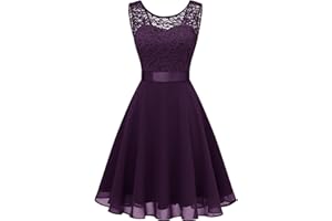 Berylove - Abito da cocktail da donna, elegante, adatto per matrimoni, di chiffon, senza maniche, con pizzo