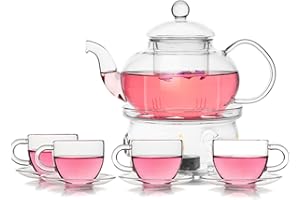 TAMUME Juego de Té de Vidrio Tetera y Calentador de Té con 4 Tazas y 4 Platillos (600ML+ 80ML*4)