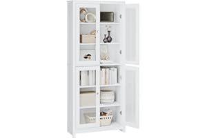 FOREHILL 190cm Libreria Vetrina Espositiva Alta,Armadietto con Vetrina Armadietto Laterale,Credenza Cucina con 4 Ante in Vetro 6 Scomparti,Vetrinetta per Soggiorno, Camera, Ufficio Bianco