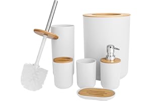 GREENSAPPIRE Bathroom Accessories Set - 6-piece Modern Bathroom Bin And Toilet Brush Set - Includes Trash Can Toilet Brush Toothbrush Holder Soap Dispenser Soap Dish and Mouthwash Cup (White)