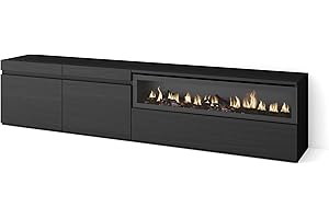 Skraut Home | TV-Schrank, Lowboard | für Wohnzimmer und Esszimmer | 200x45x35cm | Für TV-Geräte bis zu 80" | Elektrokamin. Maße | Moderner Stil | Schwarz