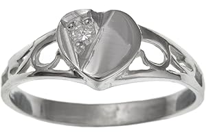 Childrens/Childs/Girls White/Clear Cubic Zirconia (CZ) Set Heart Sterling Silver Signet Ring With Cut-Out Shoulders - Engravable