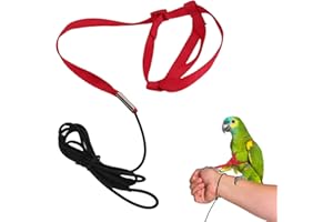 CYRANK Bird Harness, Adjustable Pet Parrot Bird Flight Harness Leash Outdoor Activities Training for Parakeets, Cockatiels, Alexandrians, Scarlet, Keck(L)