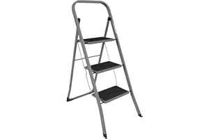 Home Vida 3 Step Ladder - Heavy Duty Steel Folding Ladder with Slip-Resistant and Wide Steps, Folding Mechanism, 150kg Max Load, Home/Kitchen/DIY/Garden Use, Grey