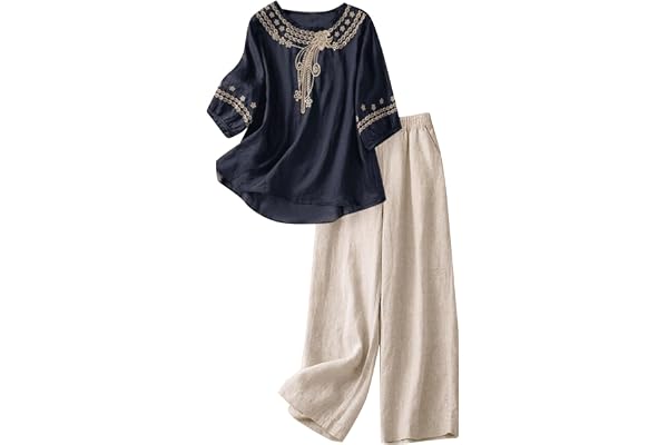 Co Ord Set för kvinnor sommar rund hals 3/4 ärm toppar och hög elastisk midja breda ben byxor linnebyxor passar två delar bomull linne set strandkläder sommar hemkläder set