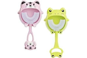 KMZ 2 Pack Kids U-Shaped Toothbrush 360° Whole Mouth Manual Training Tooth Brush Food Grade Soft Silicone Brush for Toddlers and Children 2-6 Years Old (Green, Pink)