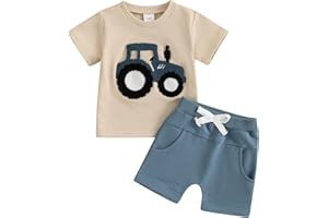 Bufarromio Toddler Baby Boys Summer 2Pcs Outfits Truck Embroidery Short Sleeve T-shirt Elastic Waist Short Pants Clothes Set 3M-3T