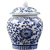 F Fityle Jarrón de cerámica esmaltada en Azul mandarín y Blanco con arreglo Floral en la Tapa