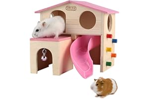 PINVNBY Wooden Hamster House Small Animal Hideout Climbing Ladder Slide Hut Play Toys for Chipmunk Mouse Rat Hedgehog (Pink)