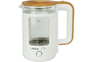 Jocca - Hervidor de Agua Eléctrico 1,8L Línea Nature con Base Giratoria 360° y Cristal Borosilicato, Desconexión Automática, 1500W, Blanco