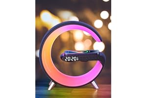 BESTYIJO Lampara Cargador Inalambrico, Lampara Despertador Escritorio, Lampara Noche, Inalámbrico Rápido Lámpara con Despertador, Led Mesita de Noche Bocina Bluetooth Control de la Aplicación (Negro)