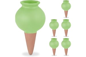 Relaxdays Picos de Riego, Set de 6, Globos Autorriego Arcilla, Rellenables, Regar Plantas en Vacaciones, Terracota/Verde