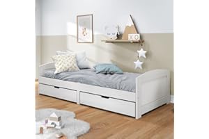 Hommdiy Tagesbett Jugendbett Kinderbett mit 2 Schubladen Weiß 90x200cm Massivholz Kiefer