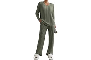 JENJON Donna Completo Tuta 2 Pezzi Completo a Maniche Lunghe Maglia Comode Pantaloni Dritti con Scollo a V Tuta Autunno Inverno