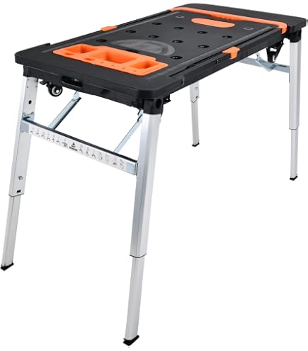 Banco Da Lavoro Pieghevole TOPWAY Portatile, 117x62 Cm, Carico 700 Kg, Altezza Regolabile 73-82 Cm - In Acciaio Con Piano Legno