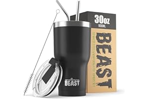 GREENS STEEL BEAST Mug Isotherme Cafe - 900ml I Noir mat I Acier Inoxydable I Réutilisable, Tasses Isothermes I 2 Pailles et Brosse Nettoyage I Thermos Cafés de Voyage Double Paroi I Café Chaud ou Glacé