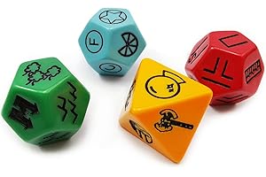 BESCON DICE Bescon's Dungeon and Wilderness Terrain, Dungeon Feature and Treasure Type Dice Set, 4 Piece Proprietary Polyhedral RPG Dice Set, Red, Green, Yellow with Black Print