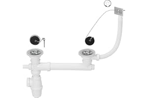 Wirquin 30724005 Ensemble complet vidage d'évier 2 bacs D60 avec siphon évier, bonde à bouchon, trop-plein et tube de raccordement, chromé