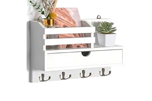 Irayin Colgador de Llaves con 4 Ganchos Dobles, Multifuncional Porta Chaves con Buzón, Colgador Llaves Pared con Cajón, Cuelga Llaves Pared para Salón, Pasillo, Oficina - Blanco