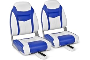 SPOTRAVEL Boat Seat, Folding Fishing Boat Chair with Long Fixation Strap, Marine Captain Seat for Fishing & Sailing (High Back, 10cm Thich Cushion, Blue, 2Pcs)