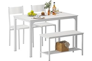 sogesfurniture Mesa de Comedor conjunto de 4 piezas, con Mesa de Comedor 110 * 70 * 76 cm, dos Sillas, un Banco con estructura de metal, Mesa de cocina rectangular conjunto, para Comedor, Color Blanco