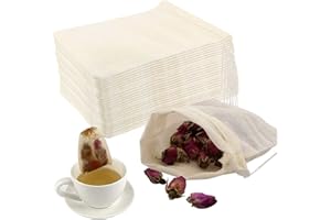 MELLYSTORE 50pcs Cotone Bustina di Tè Vuota Con Coulisse Sacchetti Cotone Mussola Bustine da Tè Filtro Riutilizzabili Sacchettini Garza Alimentare per Tè Sfuso Tisane Caffè Grani Spezie 8 x 10 cm