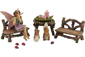 PRETMANNS Fairy Starter Kit with Accessories for Indoor Outdoor Miniature Garden – Adorable Figurine with Furniture, Squirrel, Bunny, and Tea Set – 14 Piece Hand-Painted Resin Set