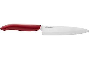 Kyocera FK-130 WH-RD EU, rebanador, 13 cm, Cuchilla de cerámica de circonita, Afilada a Mano, Ligera, no corrosiva, sin Transferencia de Sabor, Apta para lavavajillas, Mango Rojo