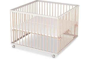 Sämann Laufgitter PREMIUM 100x100 cm mit Matratze - TÜV geprüft 2022, stufenlos höhenverstellbar - Laufstall Baby Buche weiß/natur