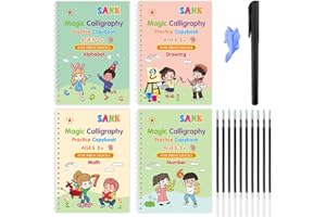 LoNinLoAn Large Magic Grooved Practice Copybook 4 Pcs Magical Handwriting Workbooks Handwriting Aid Magic Pen Reusable Grooved Handwriting Workbook for Kids 4-8 Preschool Calligraphy 10.2×7.2"