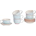 Nicola Spring Patterned Porcelain Cappucino Cups and Saucer Set - Blue/Orange Print Design - Set of 6