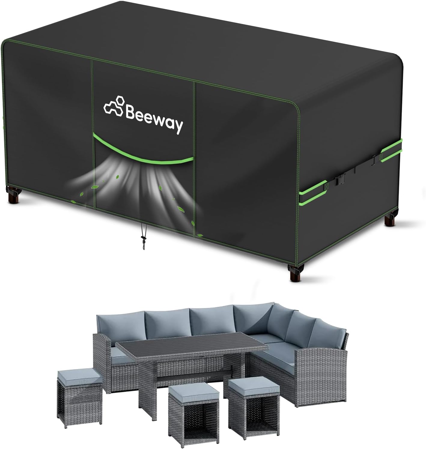 BEEWAY Garden Furniture Cover With Air Vent, Waterproof Patio Rattan Sofa Table Chair Set Cover - 420D Oxford Fabric, Windproof - 242x182x102cm