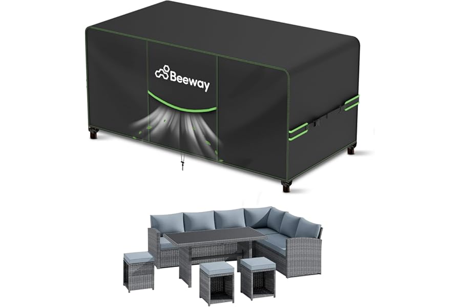 BEEWAY Garden Furniture Cover With Air Vent, Waterproof Patio Rattan Sofa Table Chair Set Cover - 420D Oxford Fabric, Windproof - 242x182x102cm