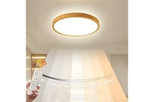 WayLuoung LED Lampa Sufitowa Wood | Ø40cm 3000-6000K 30W | Okrągły Lampa 360° Świecąca W Naturalnym Drewnie Sypialnia Salon Pokój Dziecięcy Kuchnia Jadalnia (Możliwość Ściemniania Za Pomocą Pilota)