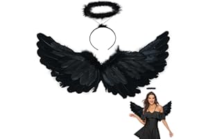 LRXYFYW 60cm EngelsflüGel Schwarz,Halloween Flügel Schwarz,FederflüGel Engel,Teufels Flügel Helloween,Dunkler Engel Kostüm,Schwarz FlüGel MäDchen