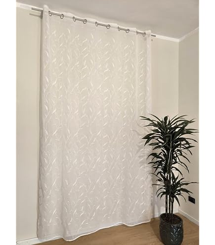 Tenda Su Misura In Poliestere Bianco Con Ricamo Floreale, Fettuccia Arricciatenda, Larghezza 280 Cm (adatta A Binari 140-170 Cm), Altezza Regolabile 180-280 Cm