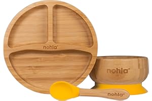 nohla ® - Bamboo Baby & Toddler Suction Plate, Bowl & Silicone Spoon Weaning Set - Suction Ring for Secure Grip on Smooth Surfaces - Eco-Friendly, BPA-Free - Yellow